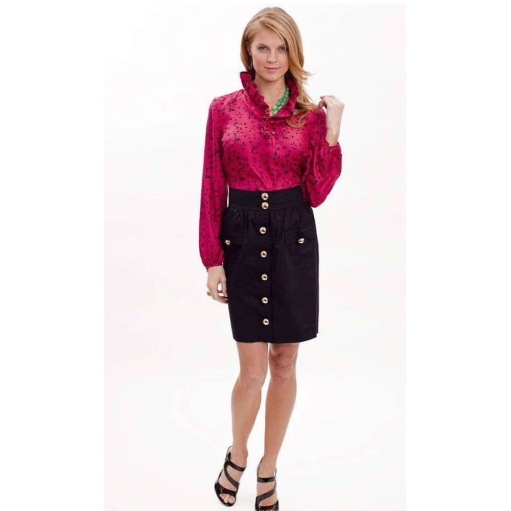 Elizabeth McKay 100% Silk Ruffled Long Sleeve Blouse Dark Pink Bird Print Size 6